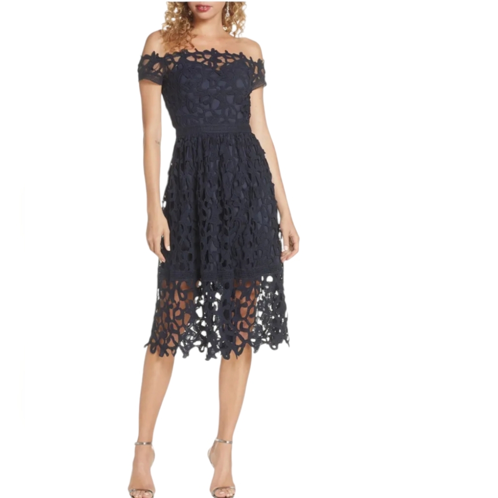 Chi Chi London  Nwt Curve  Roma Off Shoulder Navy  Embroidered Lace Midi Dress